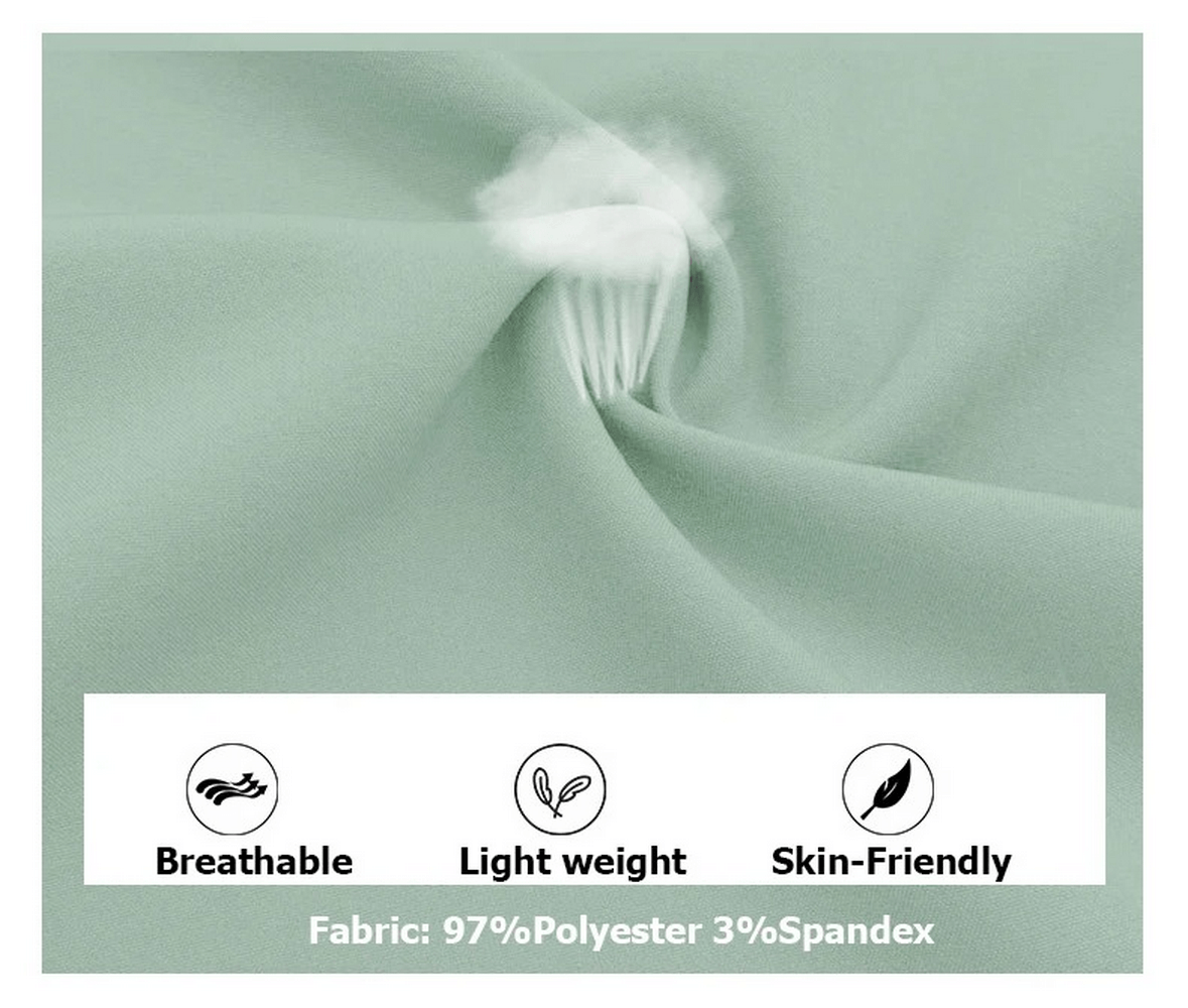 Close-up of breathability and lightweight features on a green fabric made from 97% polyester, 3% spandex. Ideal for activewear.